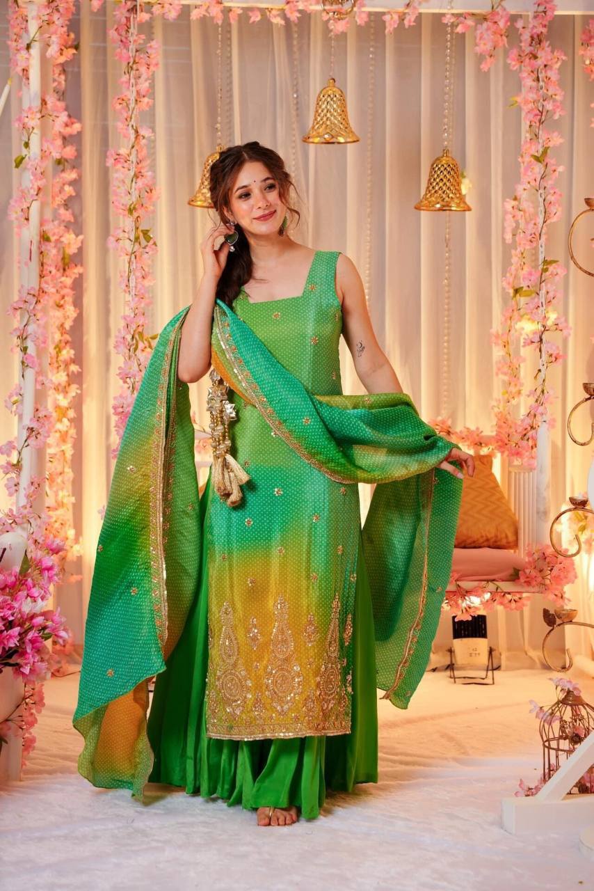 Slate Green Bandhej Chinnon Silk Suit Set