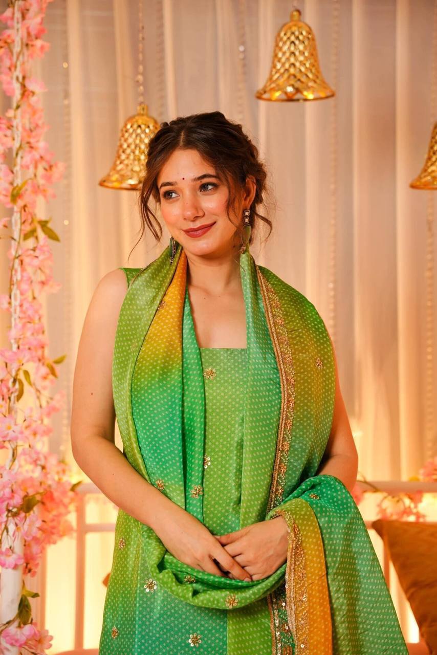 Slate Green Bandhej Chinnon Silk Suit Set