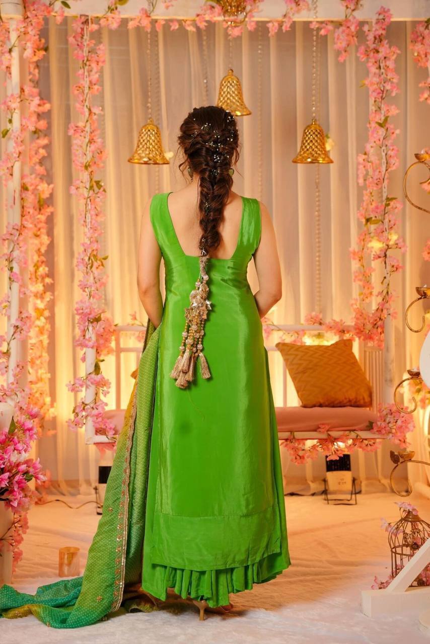 Slate Green Bandhej Chinnon Silk Suit Set