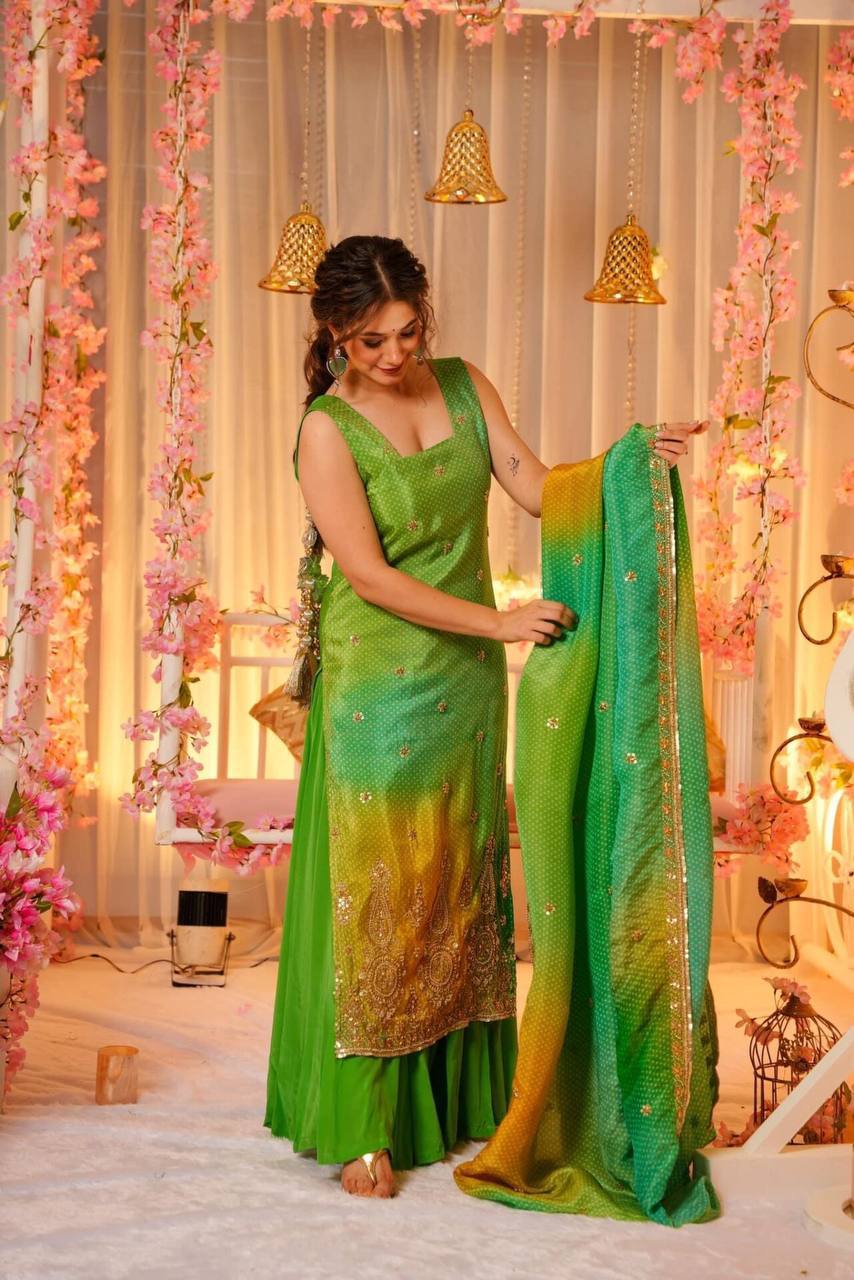 Slate Green Bandhej Chinnon Silk Suit Set