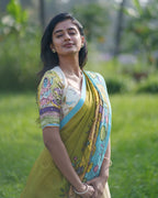 Cream and Mustard Kalamkari Lehenga Choli