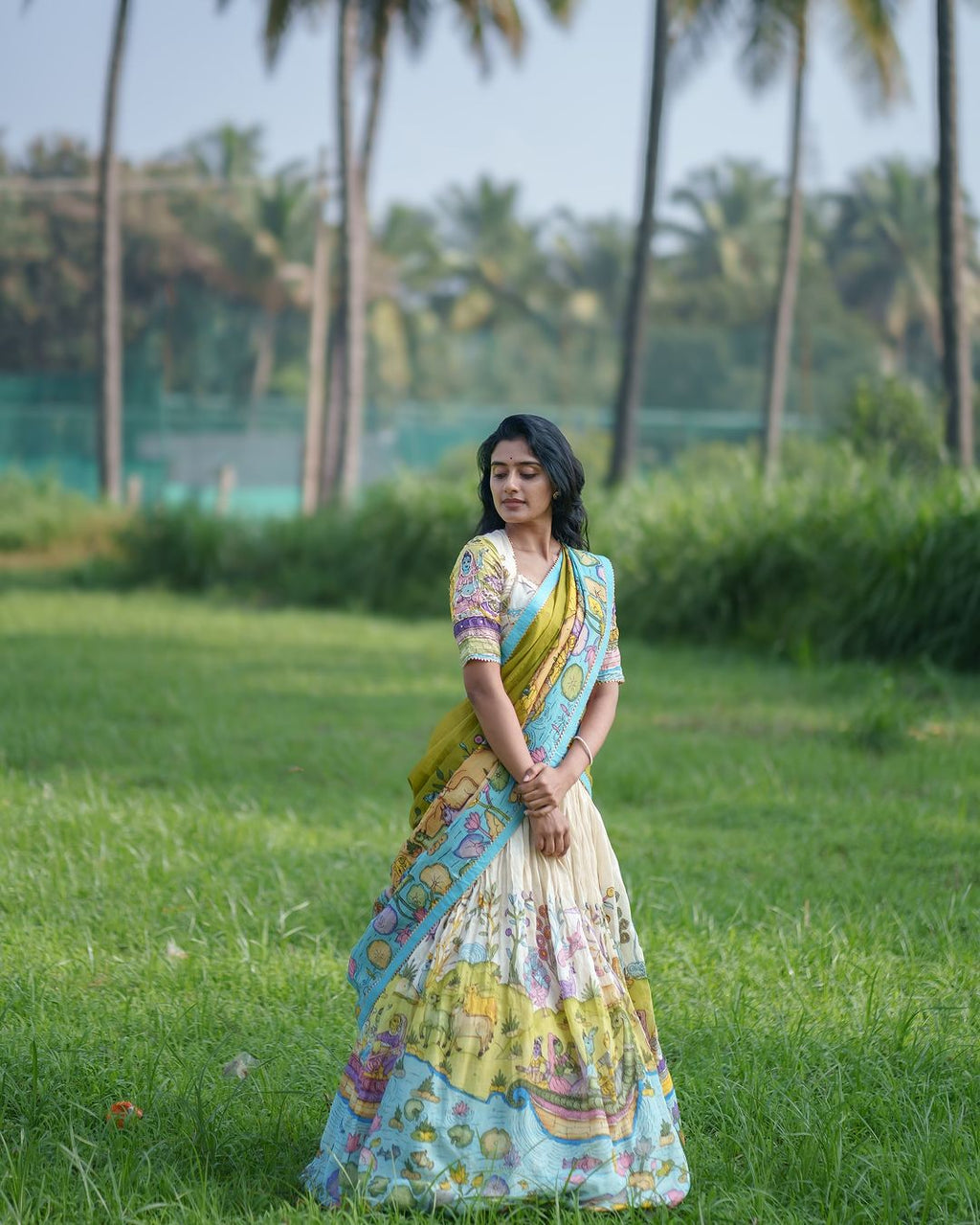 Cream and Mustard Kalamkari Lehenga Choli