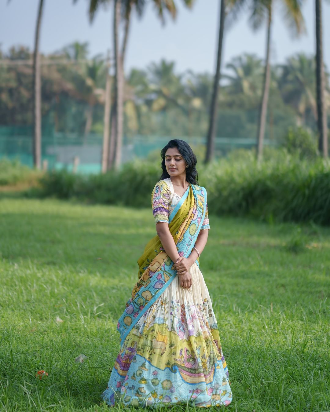 Cream and Mustard Kalamkari Lehenga Choli