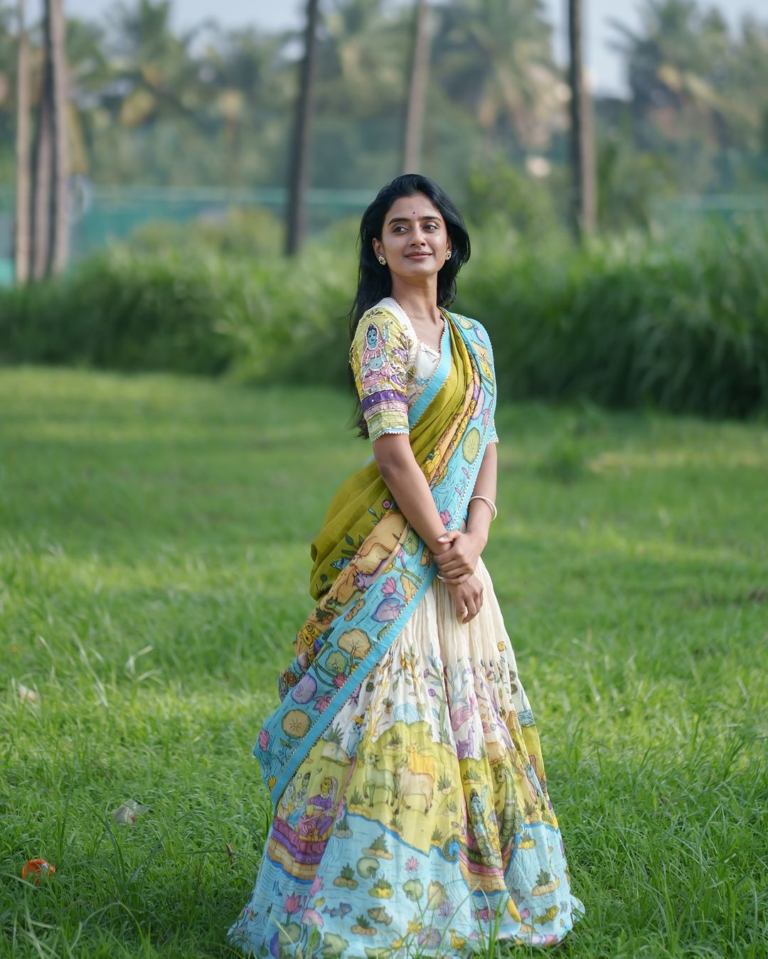 Cream and Mustard Kalamkari Lehenga Choli