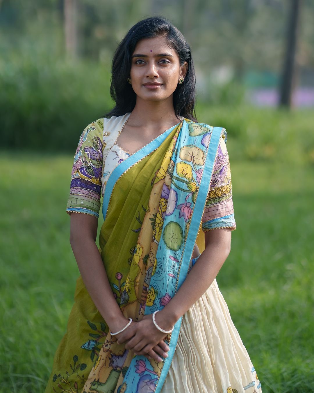 Cream and Mustard Kalamkari Lehenga Choli