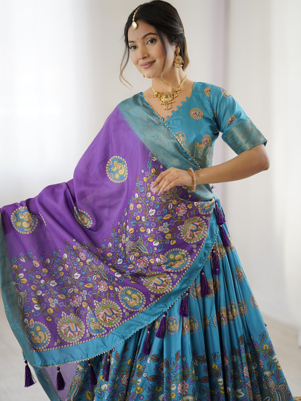 Tussar Silk Kalamkari Lehenga Set with Jaquard Border