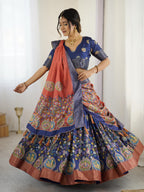 Tussar Silk Kalamkari Lehenga Set with Jaquard Border