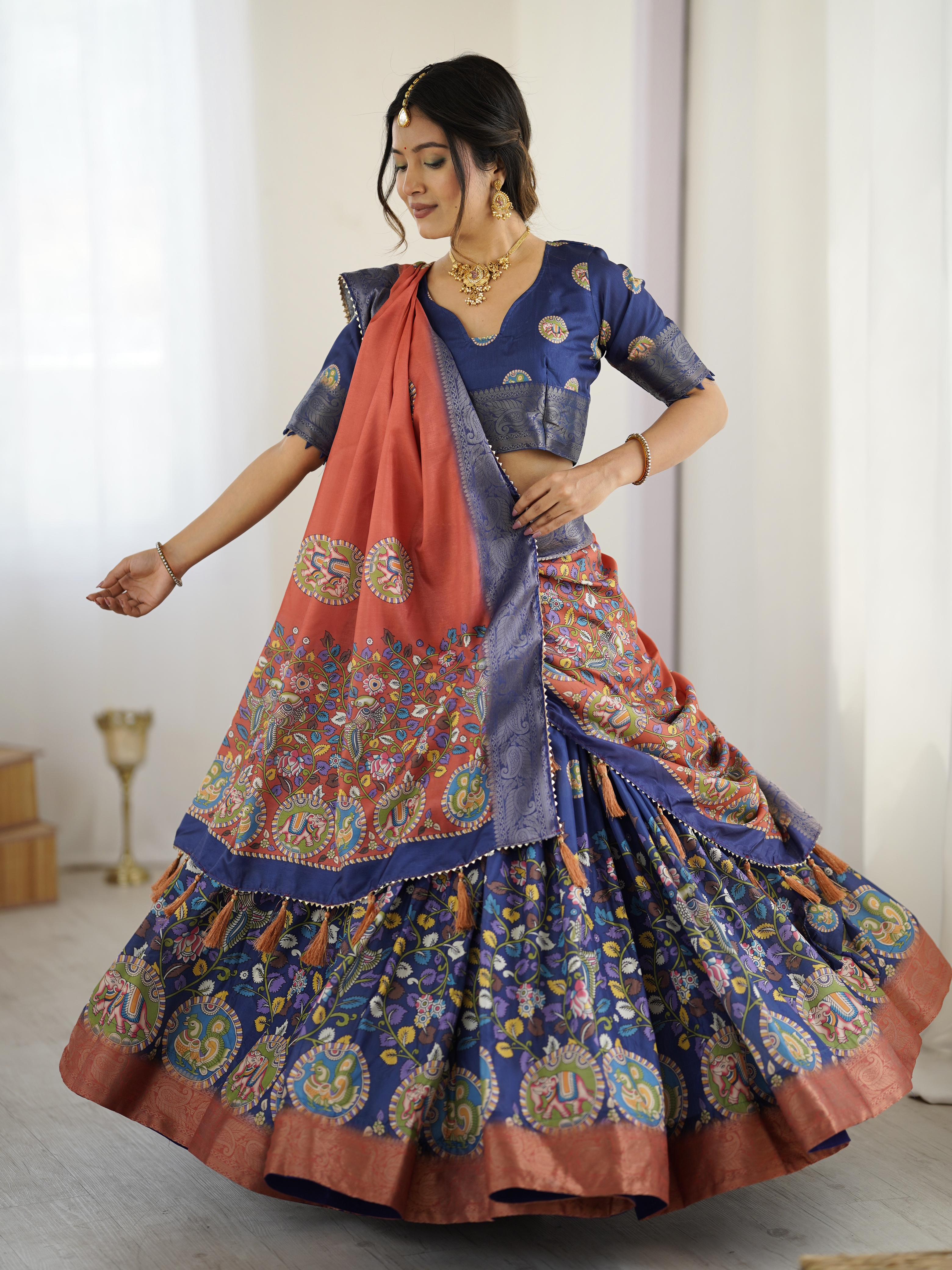 Tussar Silk Kalamkari Lehenga Set with Jaquard Border