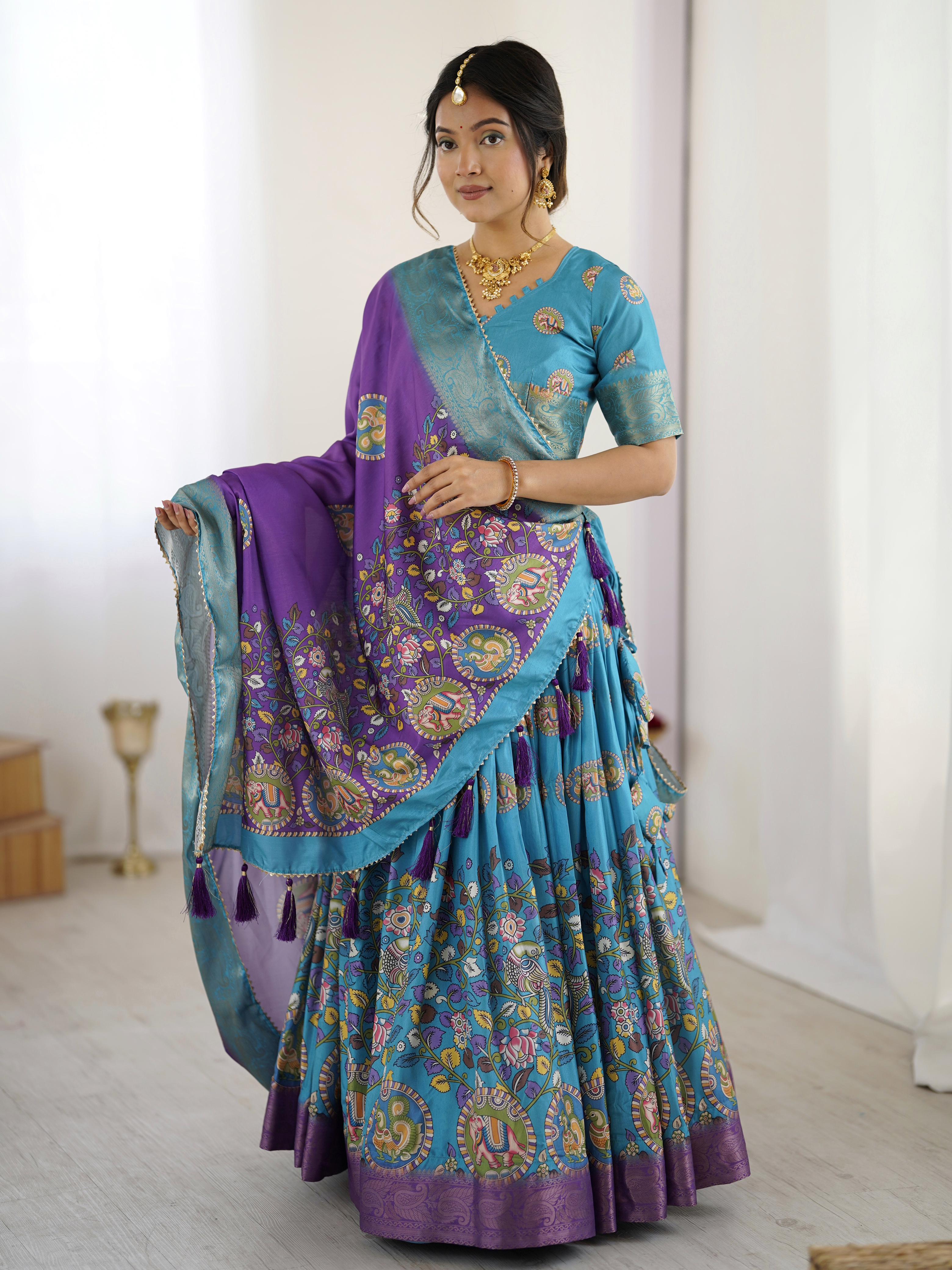 Tussar Silk Kalamkari Lehenga Set with Jaquard Border