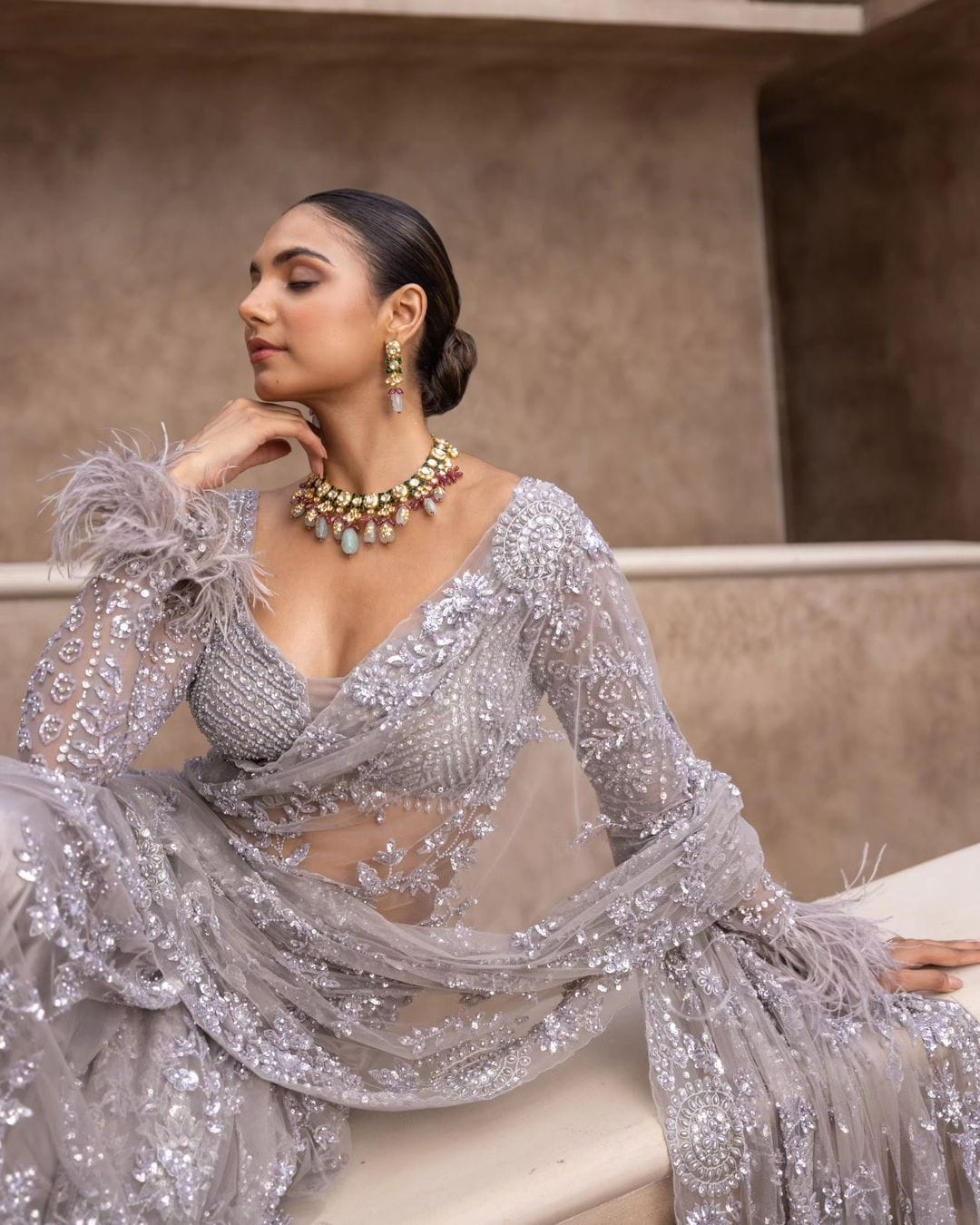 Grey Mono Net Sequins Embroidery Saree