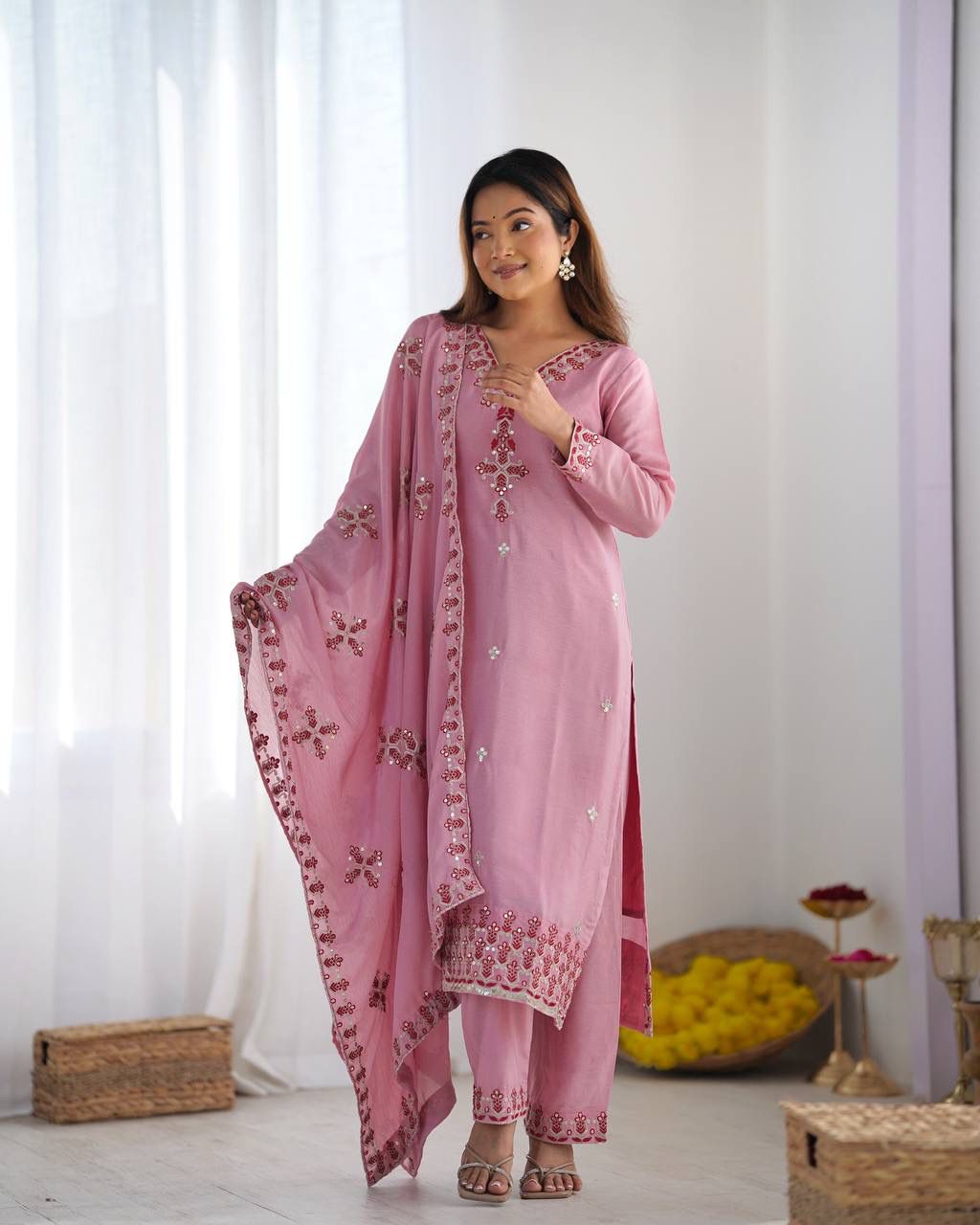 Chinnon Silk Lace Embroidery Work Salwar Suit