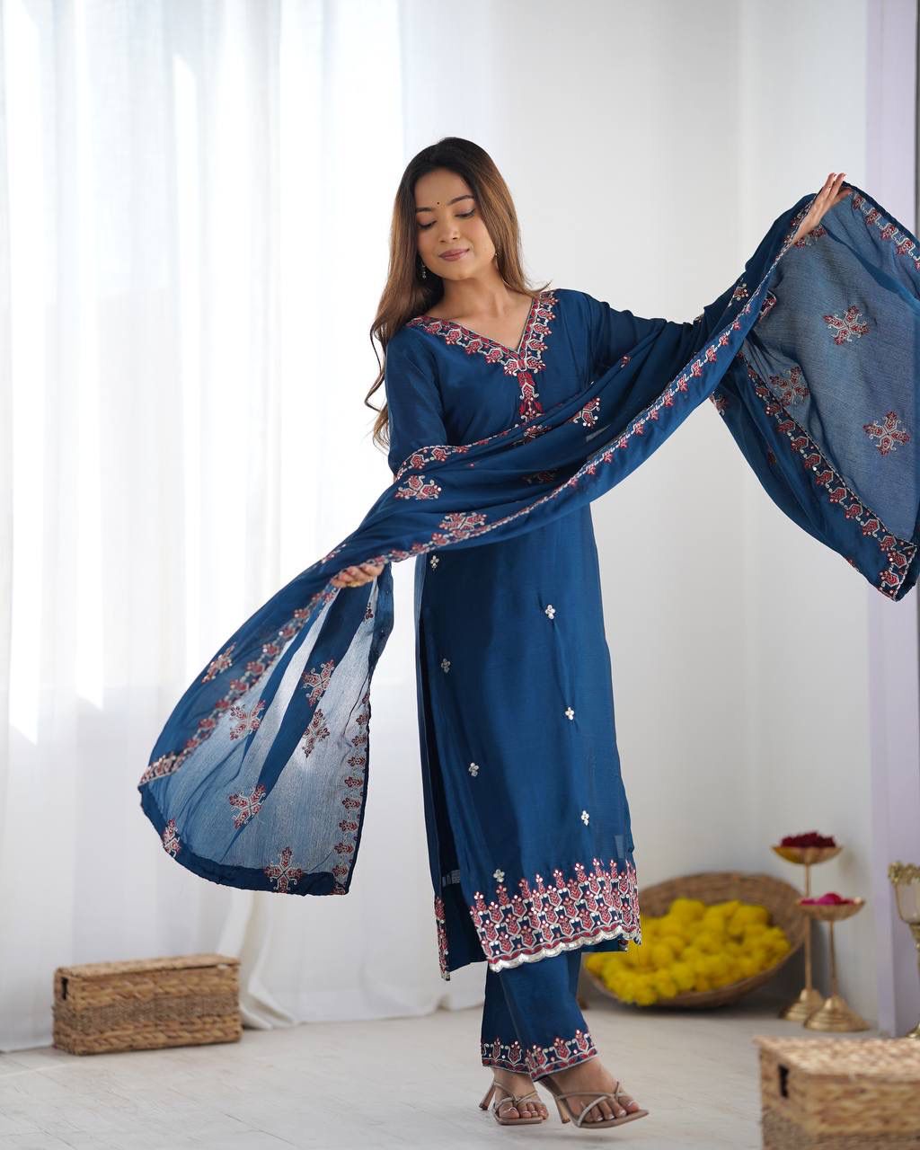 Chinnon Silk Lace Embroidery Work Salwar Suit