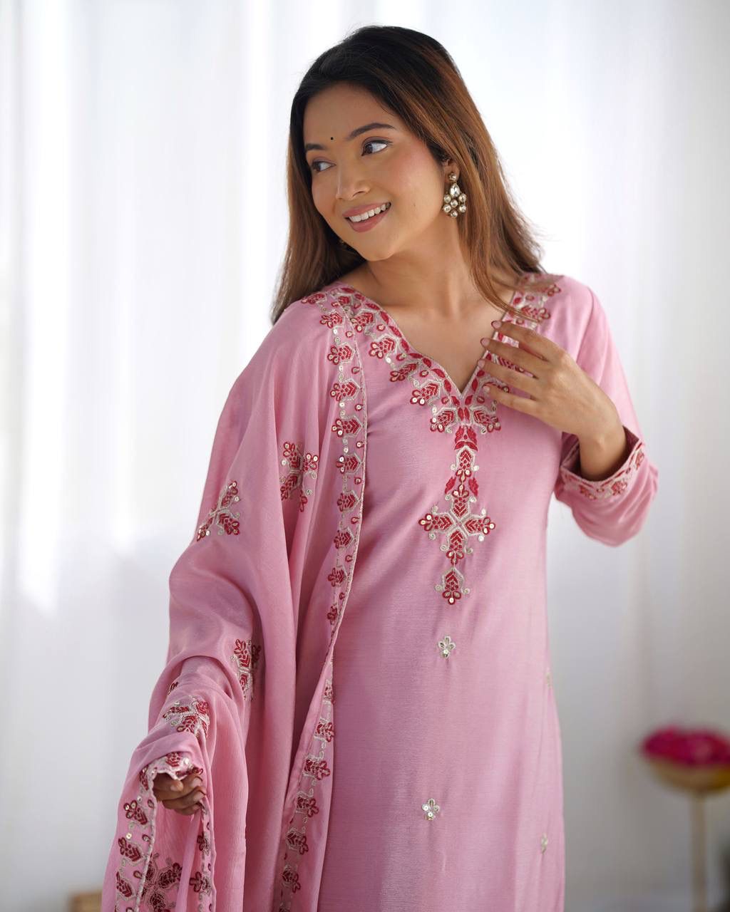Chinnon Silk Lace Embroidery Work Salwar Suit