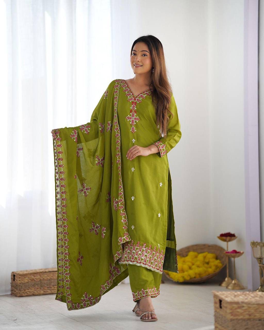 Chinnon Silk Lace Embroidery Work Salwar Suit