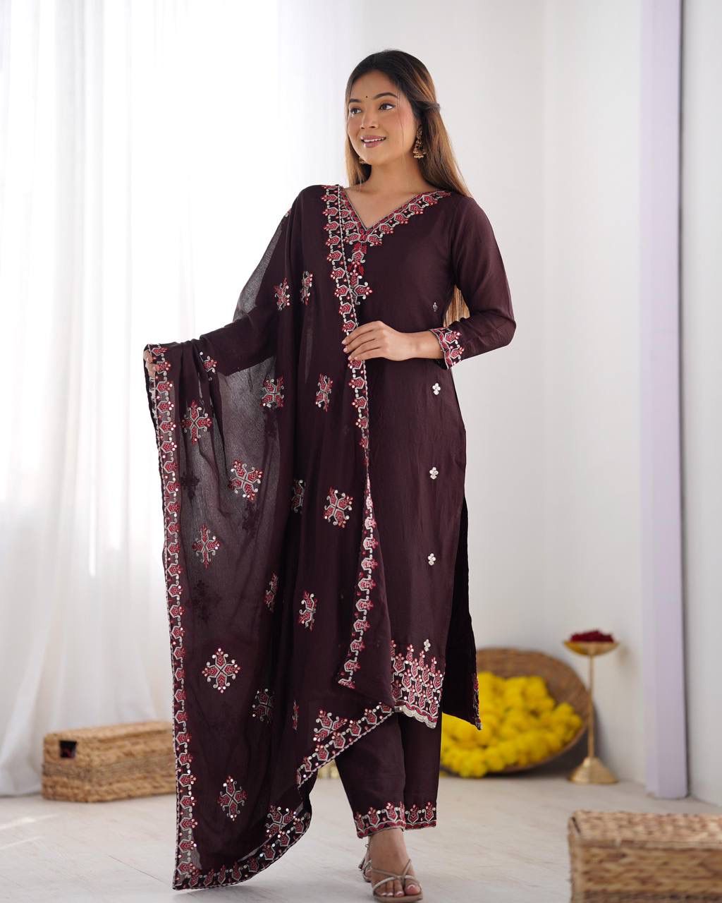 Chinnon Silk Lace Embroidery Work Salwar Suit