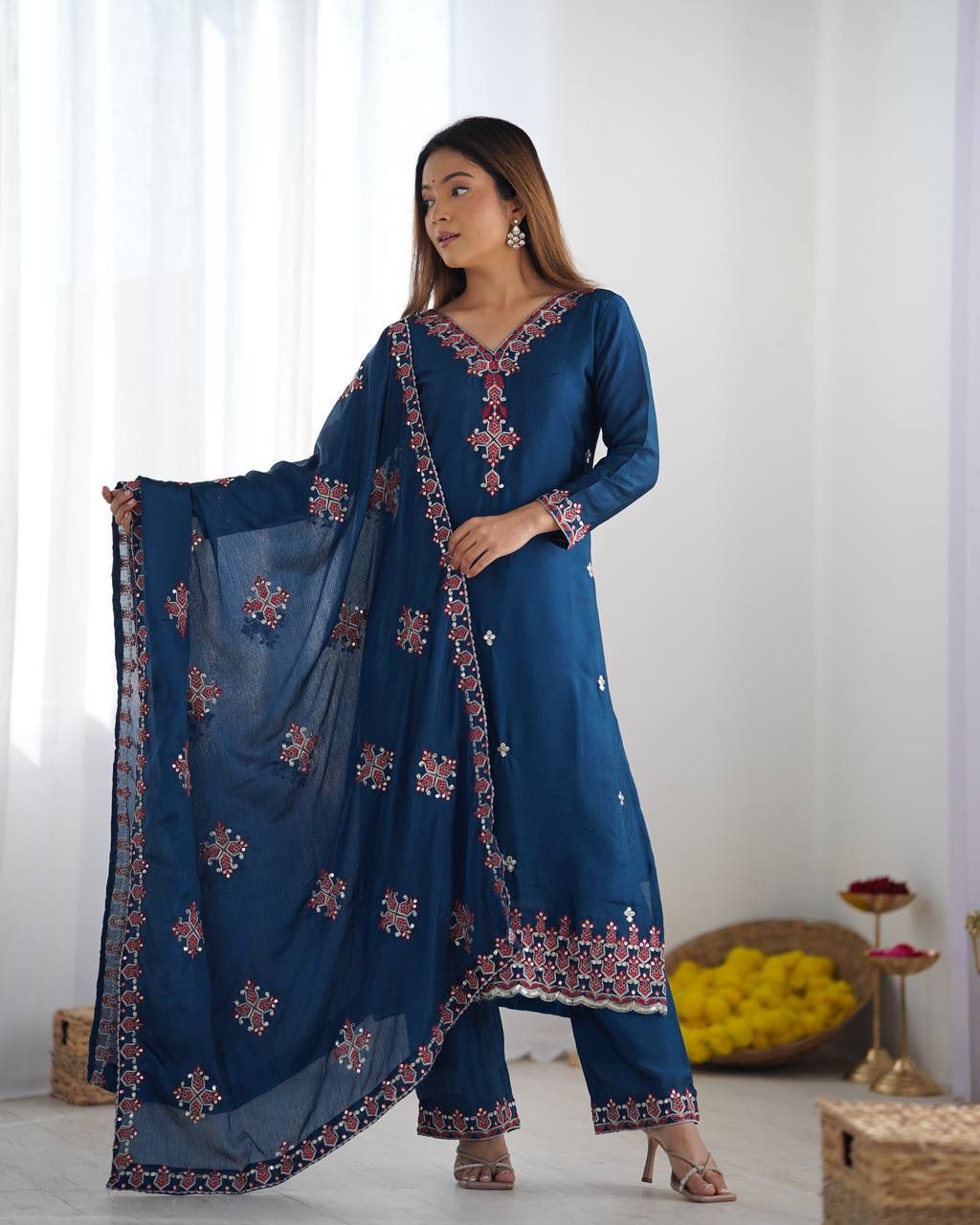 Chinnon Silk Lace Embroidery Work Salwar Suit