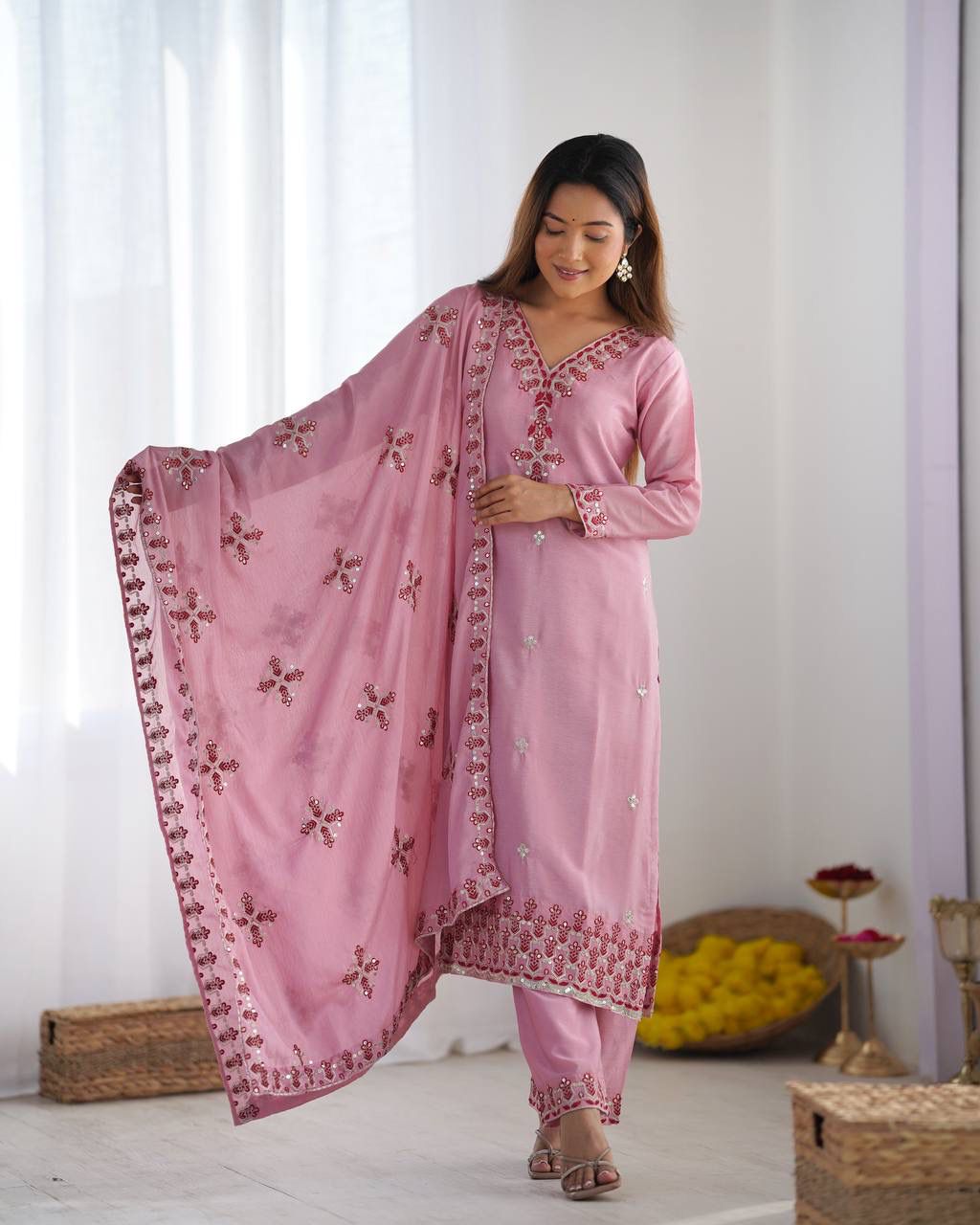 Chinnon Silk Lace Embroidery Work Salwar Suit