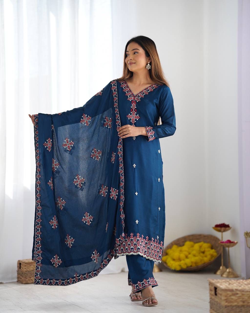 Chinnon Silk Lace Embroidery Work Salwar Suit