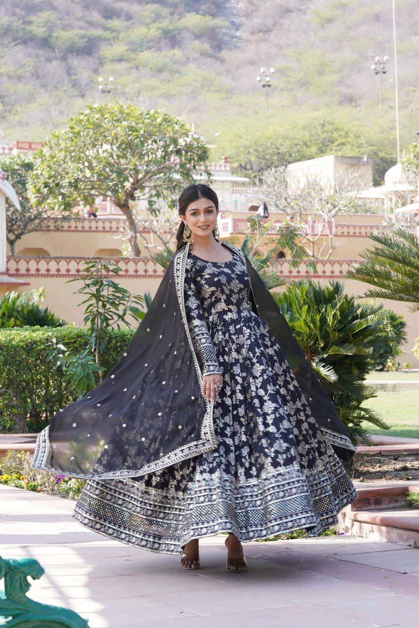 Embroidered Jacquard Partywear Long Gown