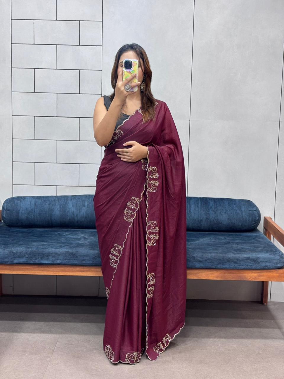 Rich Two-Tone Chocolate Diamond Cut Work Saree