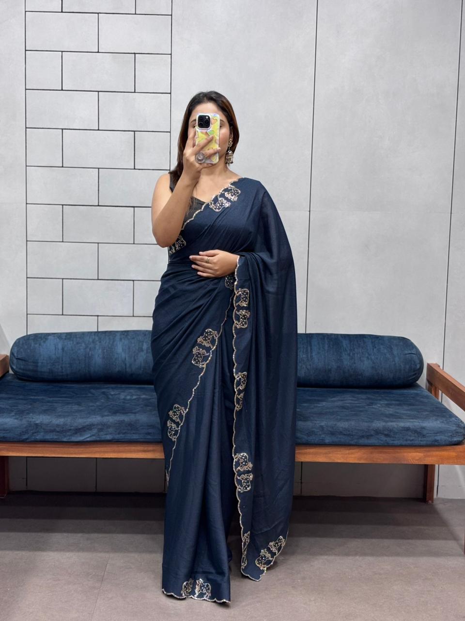 Rich Two-Tone Chocolate Diamond Cut Work Saree