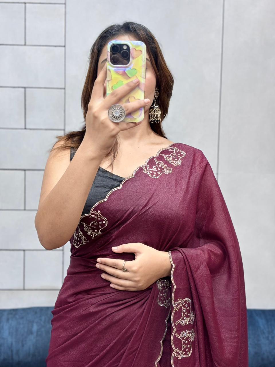Rich Two-Tone Chocolate Diamond Cut Work Saree