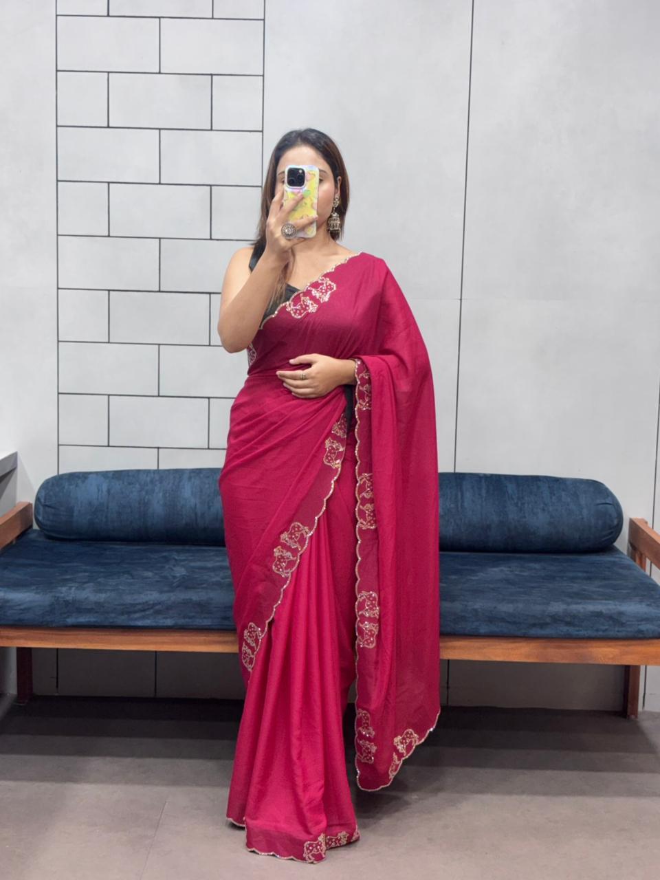 Rich Two-Tone Chocolate Diamond Cut Work Saree