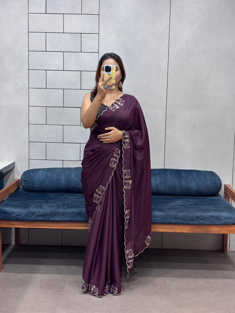 Rich Two-Tone Chocolate Diamond Cut Work Saree