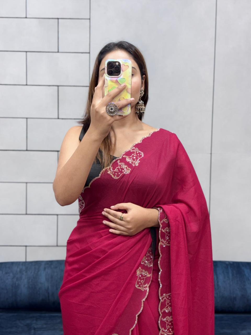 Rich Two-Tone Chocolate Diamond Cut Work Saree