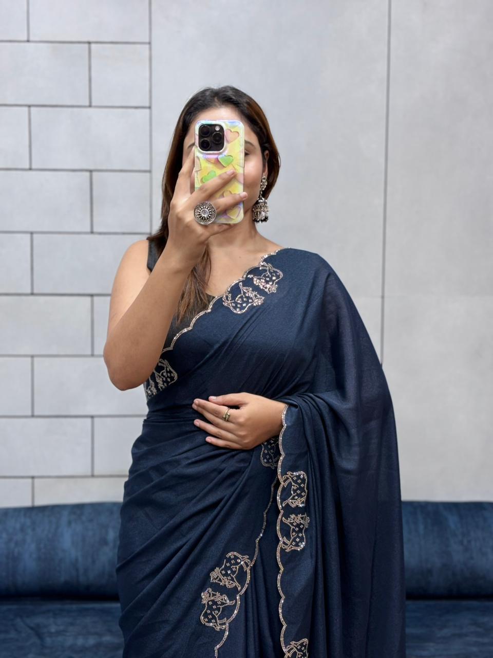 Rich Two-Tone Chocolate Diamond Cut Work Saree