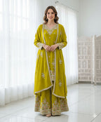 Chinon Silk Embroidered Top & Sarara Set with Dupatta