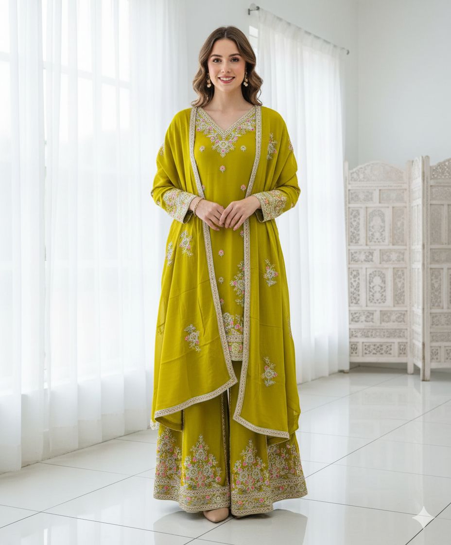Chinon Silk Embroidered Top & Sarara Set with Dupatta