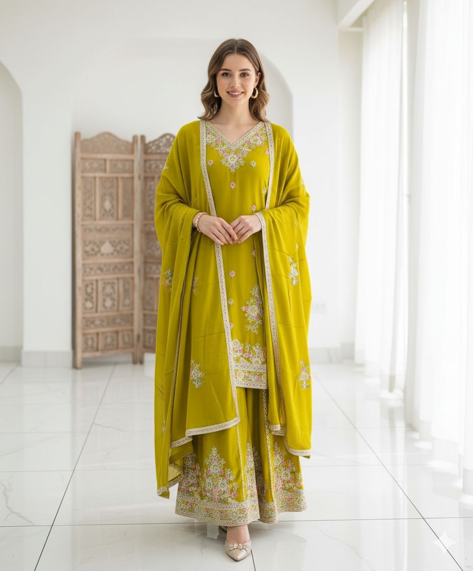 Chinon Silk Embroidered Top & Sarara Set with Dupatta