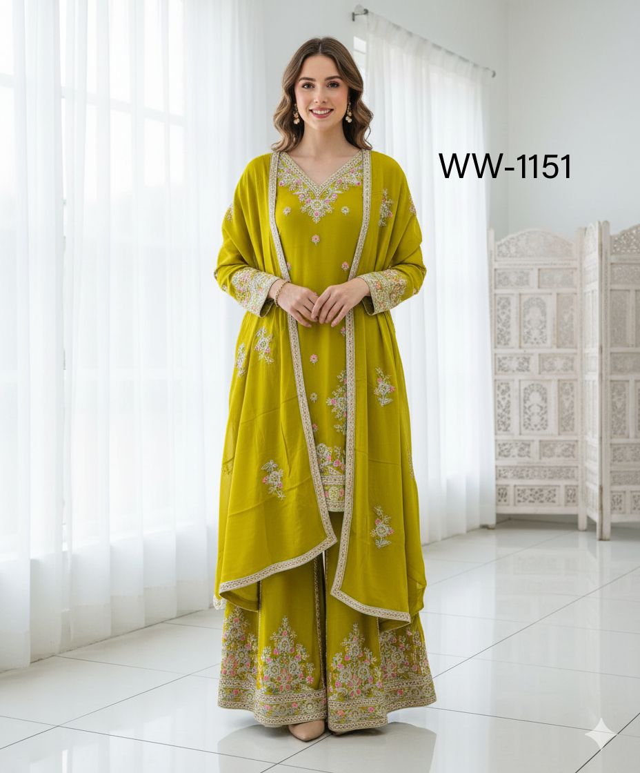 Chinon Silk Embroidered Top & Sarara Set with Dupatta