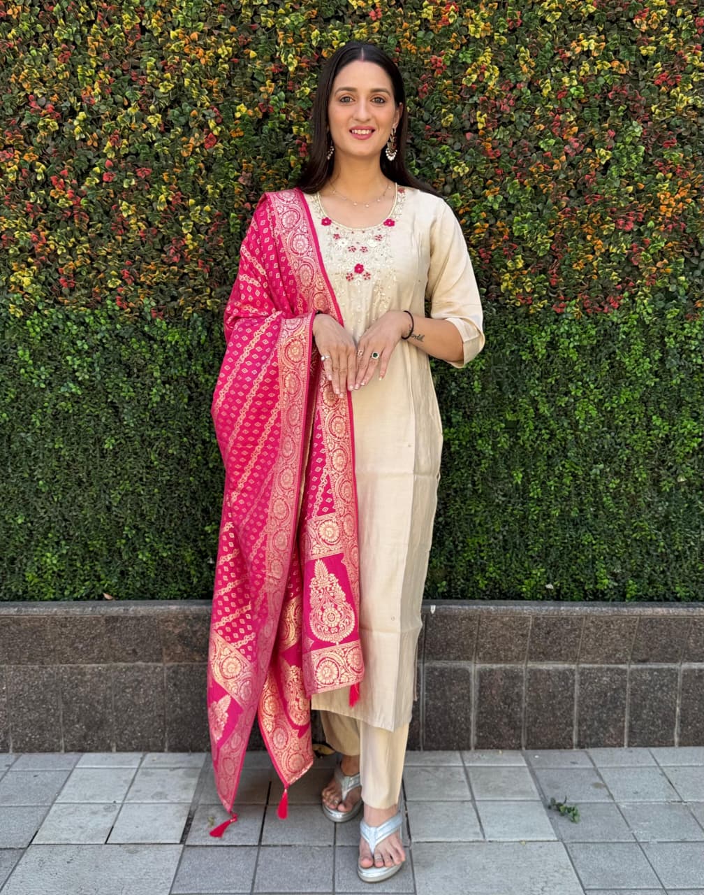 Elegant Cream Roman Silk Suit with Hand Work