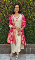Elegant Cream Roman Silk Suit with Hand Work