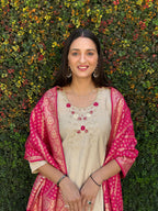 Elegant Cream Roman Silk Suit with Hand Work