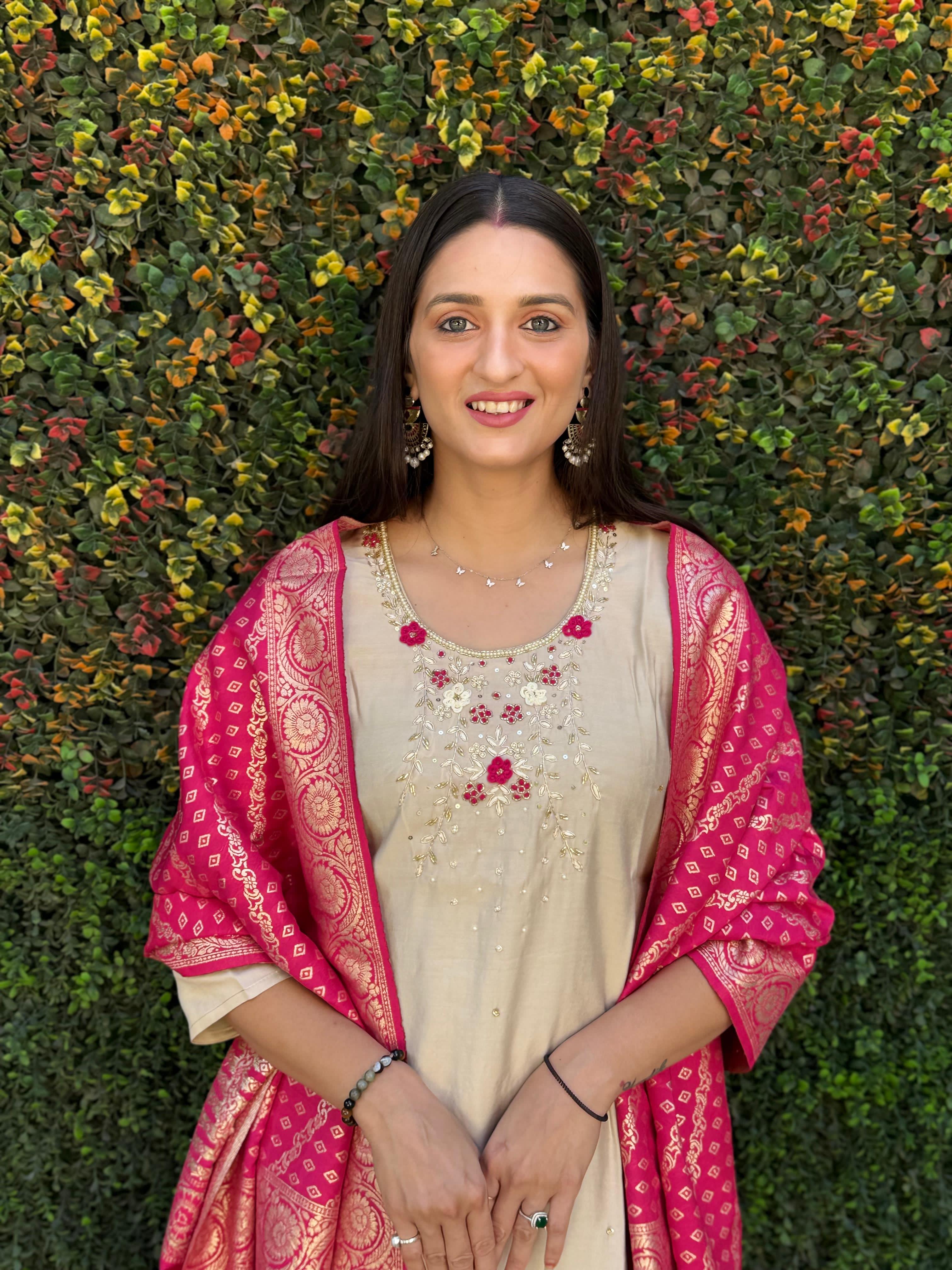 Elegant Cream Roman Silk Suit with Hand Work