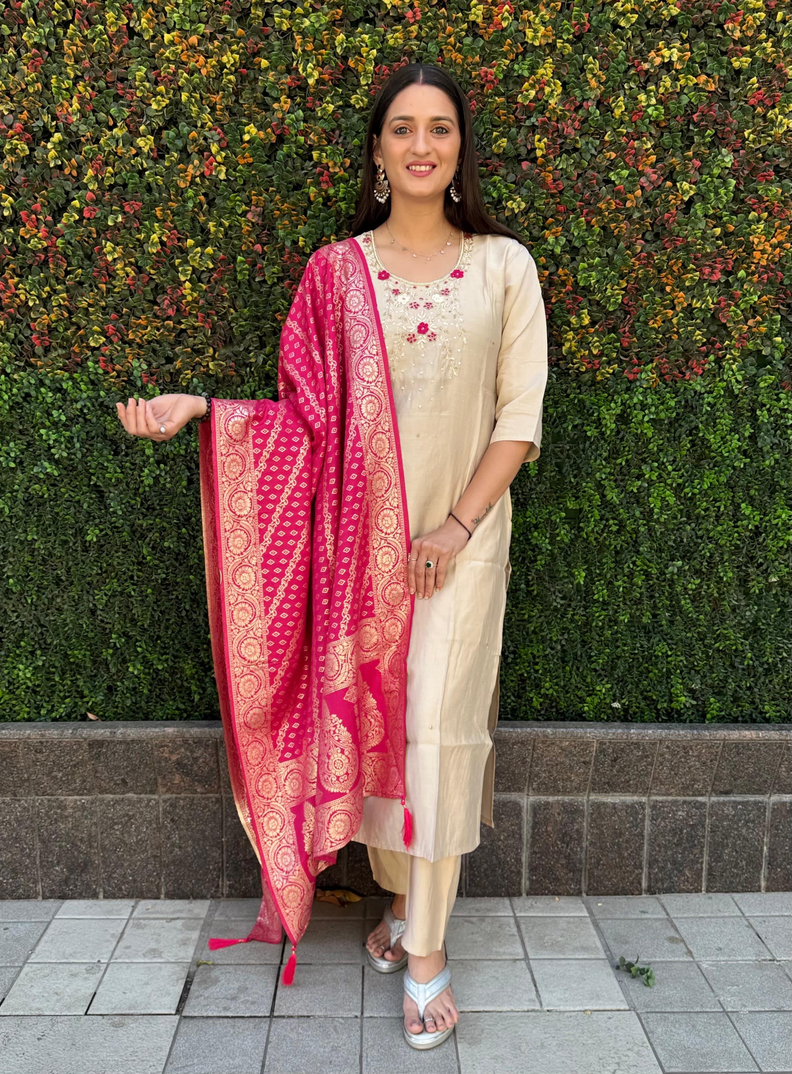 Elegant Cream Roman Silk Suit with Hand Work