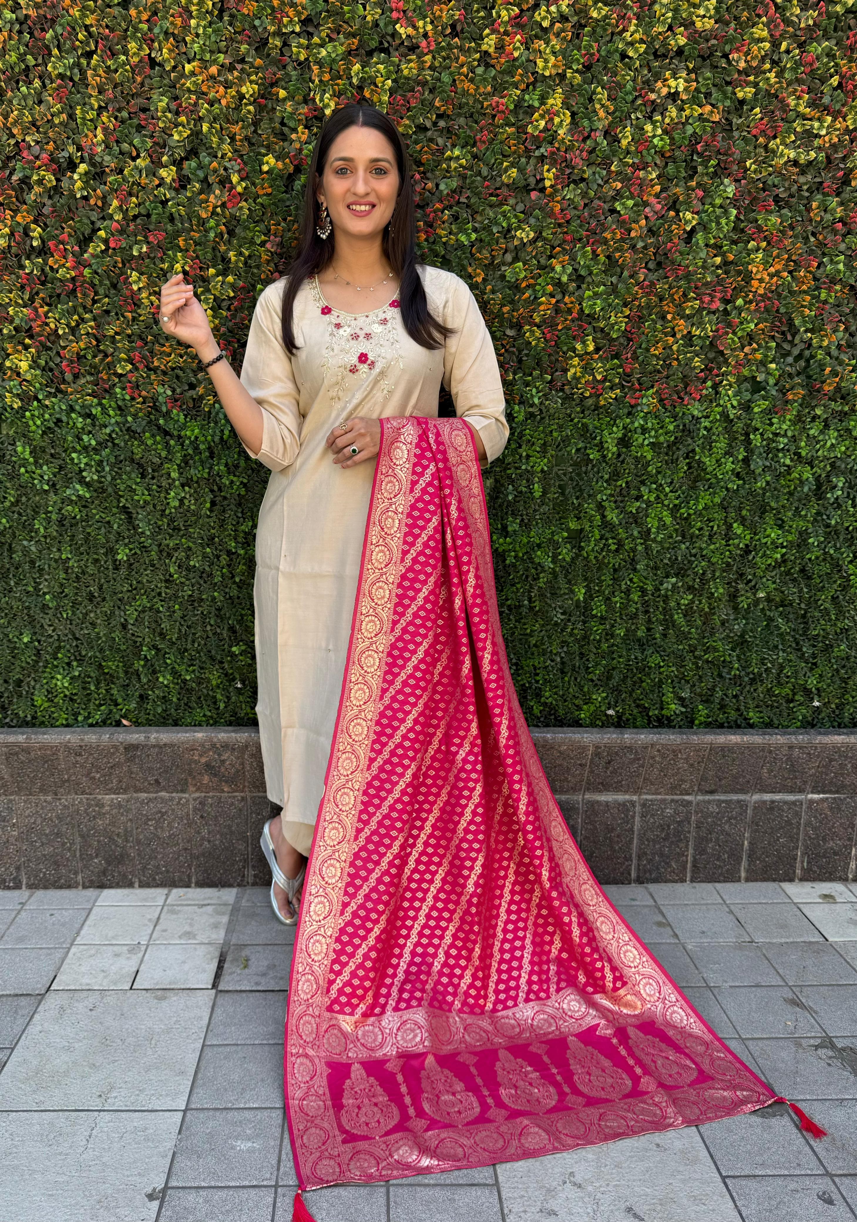 Elegant Cream Roman Silk Suit with Hand Work