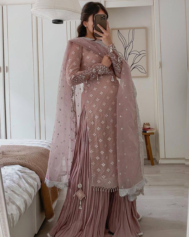 Sequence Embroidered Top with Palazzo and Organza Silk Dupatta
