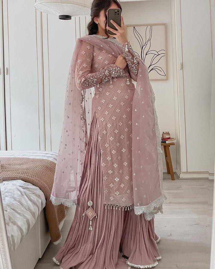 Sequence Embroidered Top with Palazzo and Organza Silk Dupatta