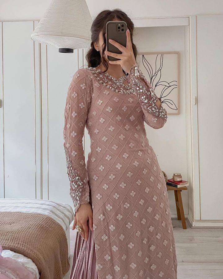 Sequence Embroidered Top with Palazzo and Organza Silk Dupatta