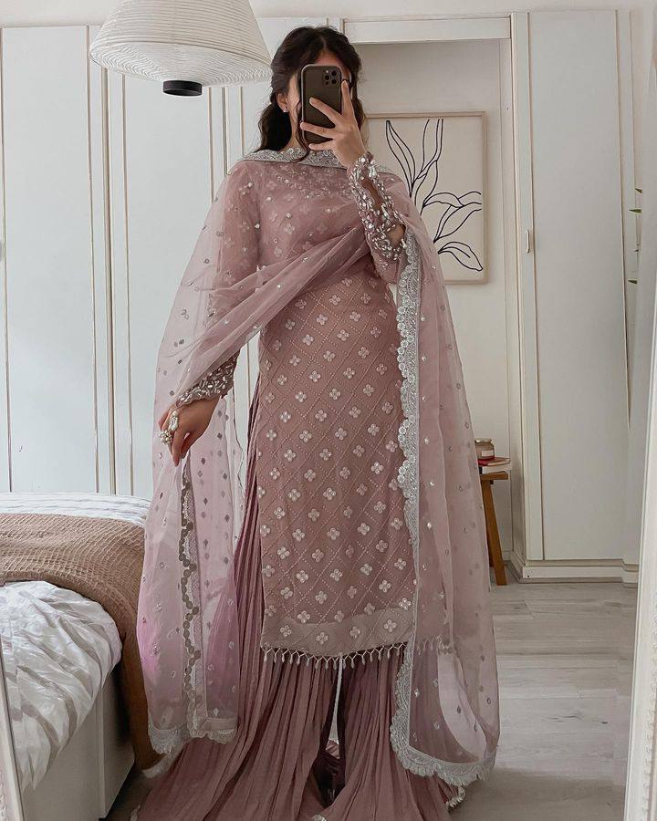 Sequence Embroidered Top with Palazzo and Organza Silk Dupatta