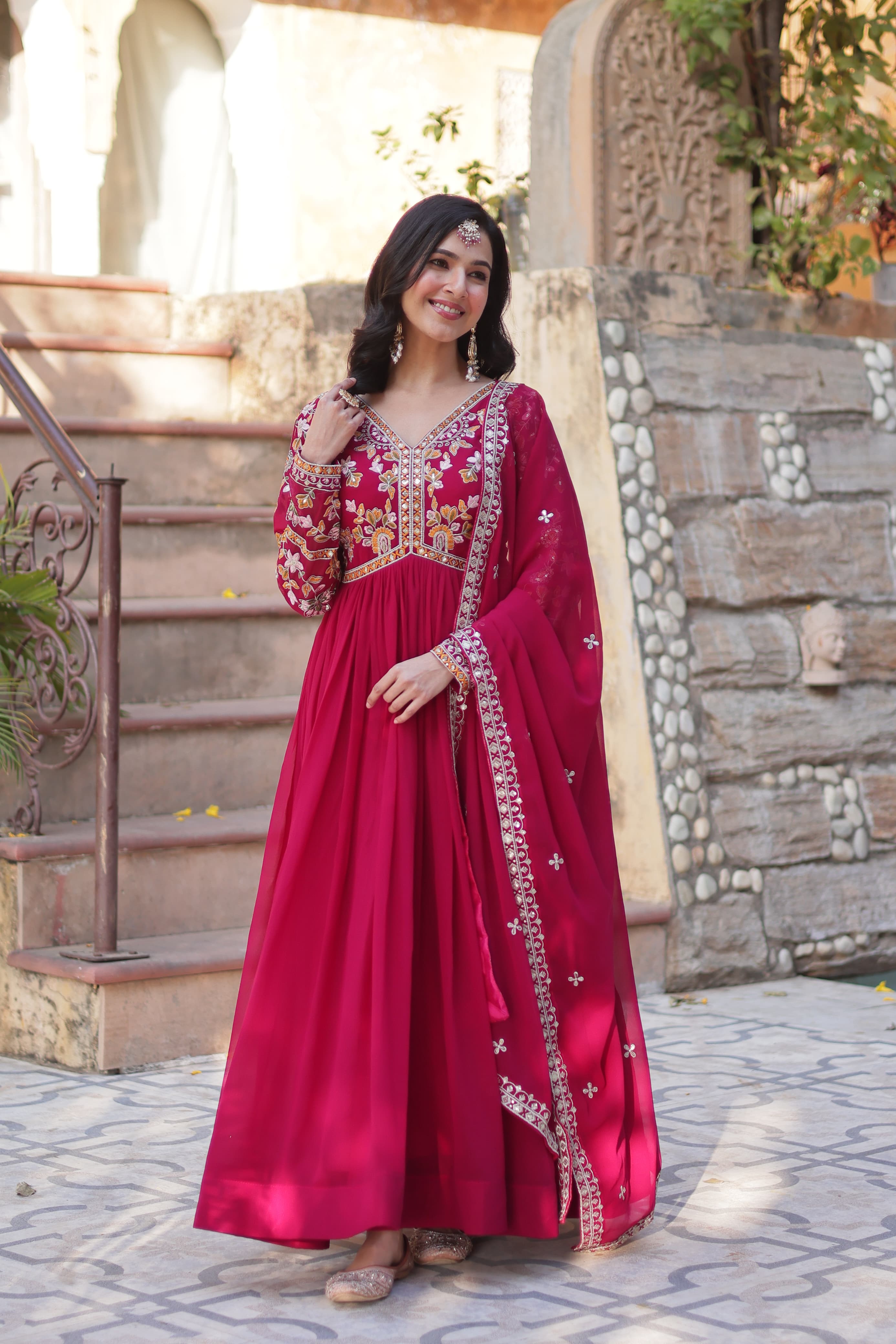 Elegant Faux Blooming Embroidered Zari Sequins Gown with Dupatta