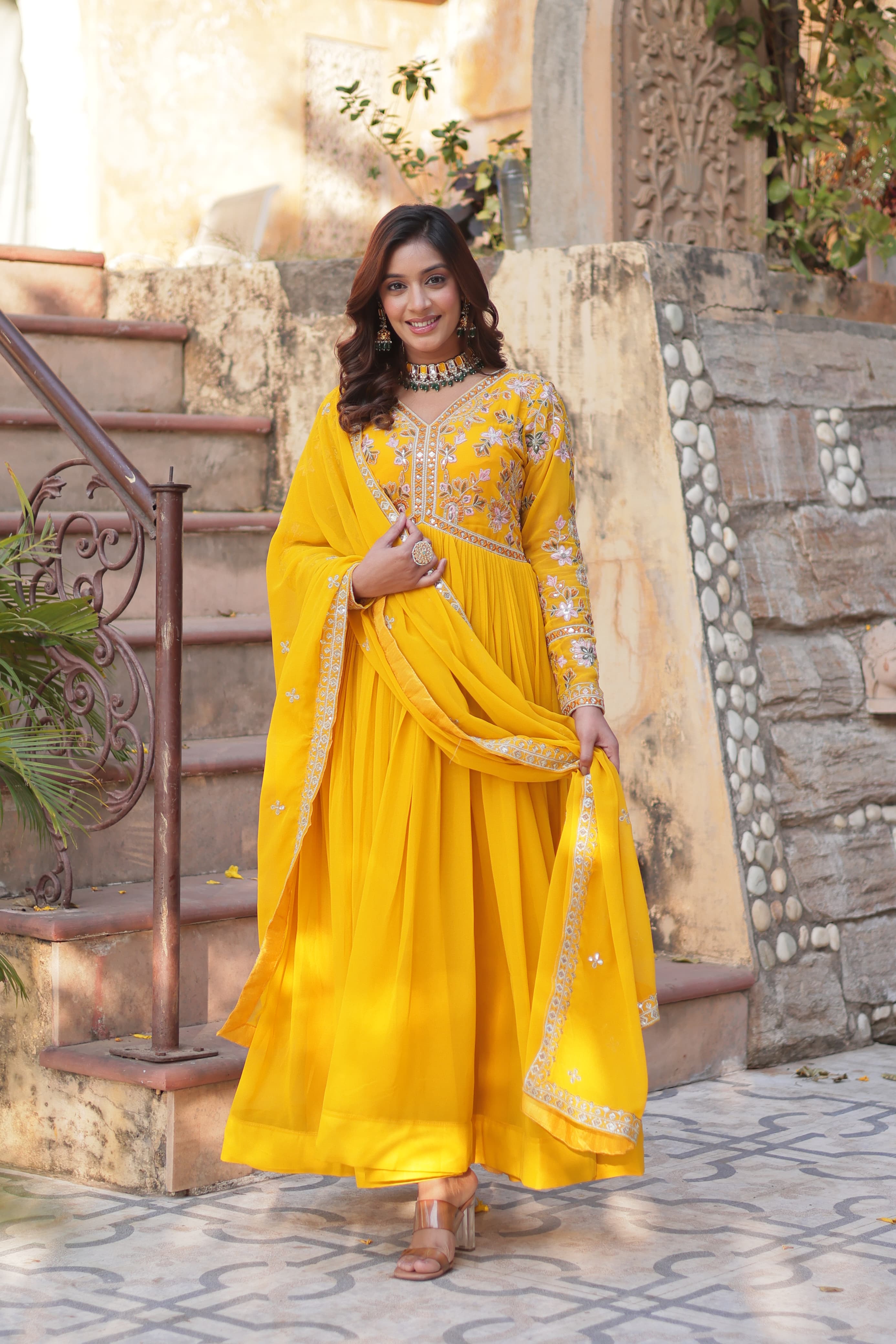 Elegant Faux Blooming Embroidered Zari Sequins Gown with Dupatta