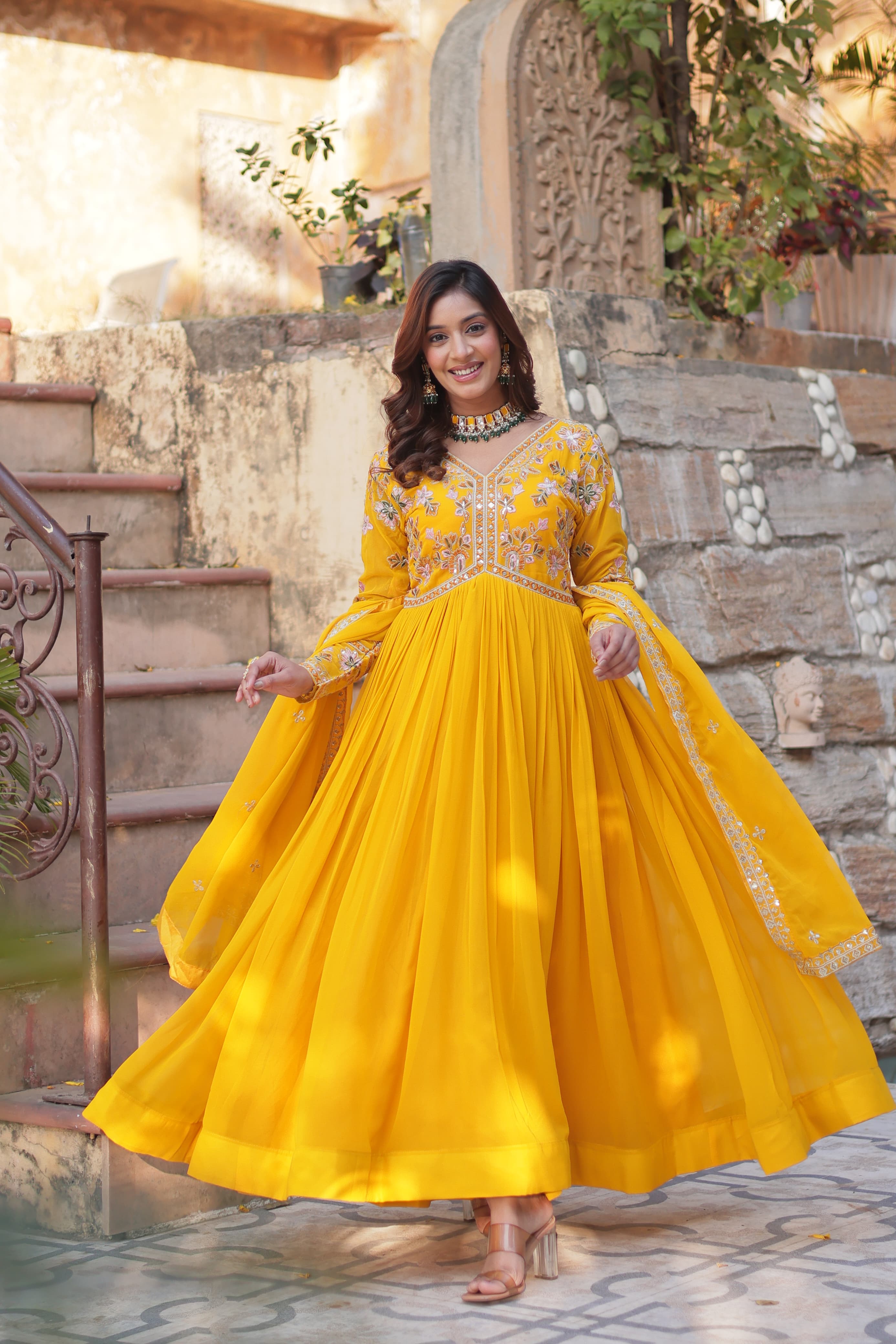 Elegant Faux Blooming Embroidered Zari Sequins Gown with Dupatta