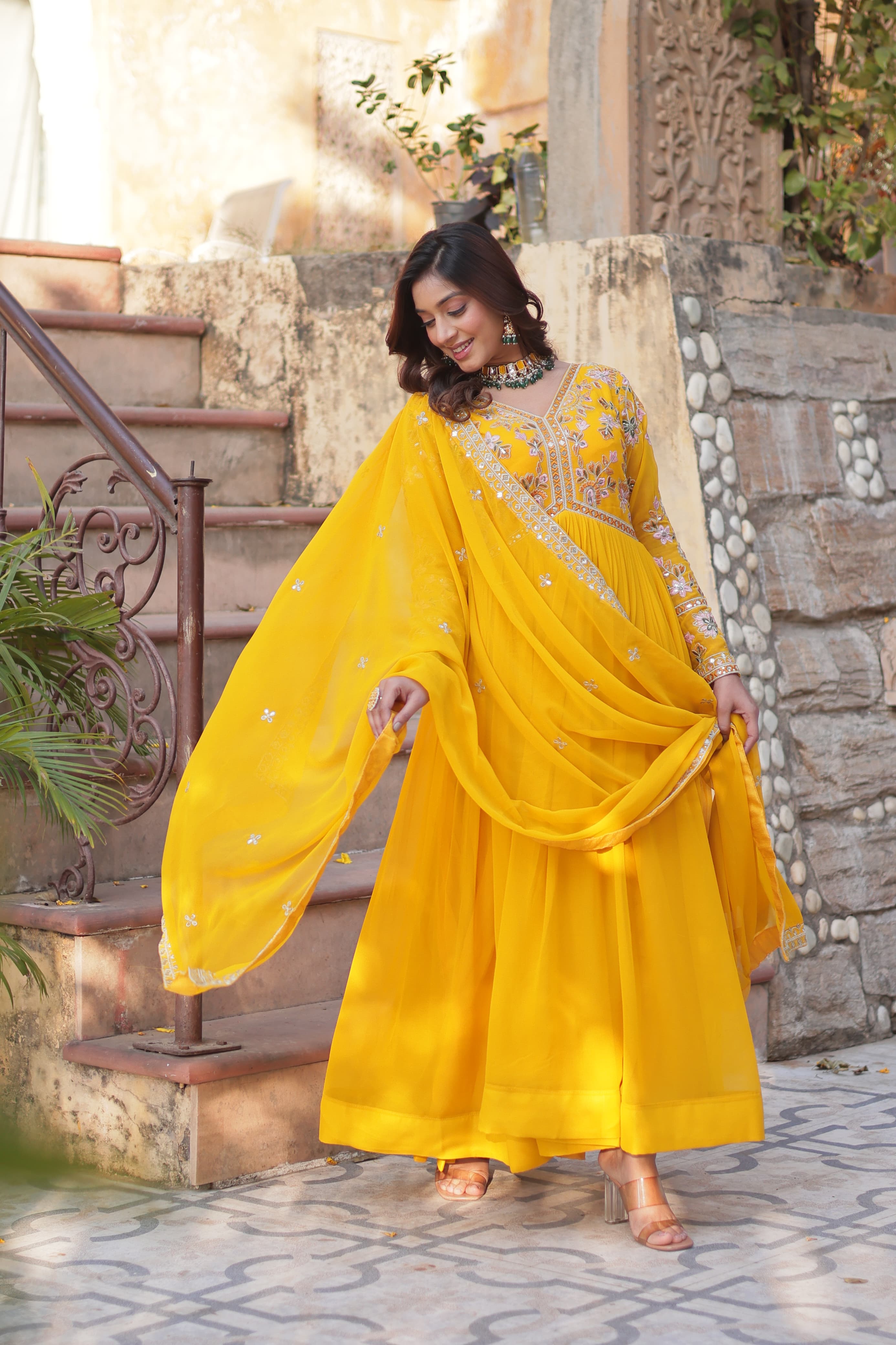 Elegant Faux Blooming Embroidered Zari Sequins Gown with Dupatta