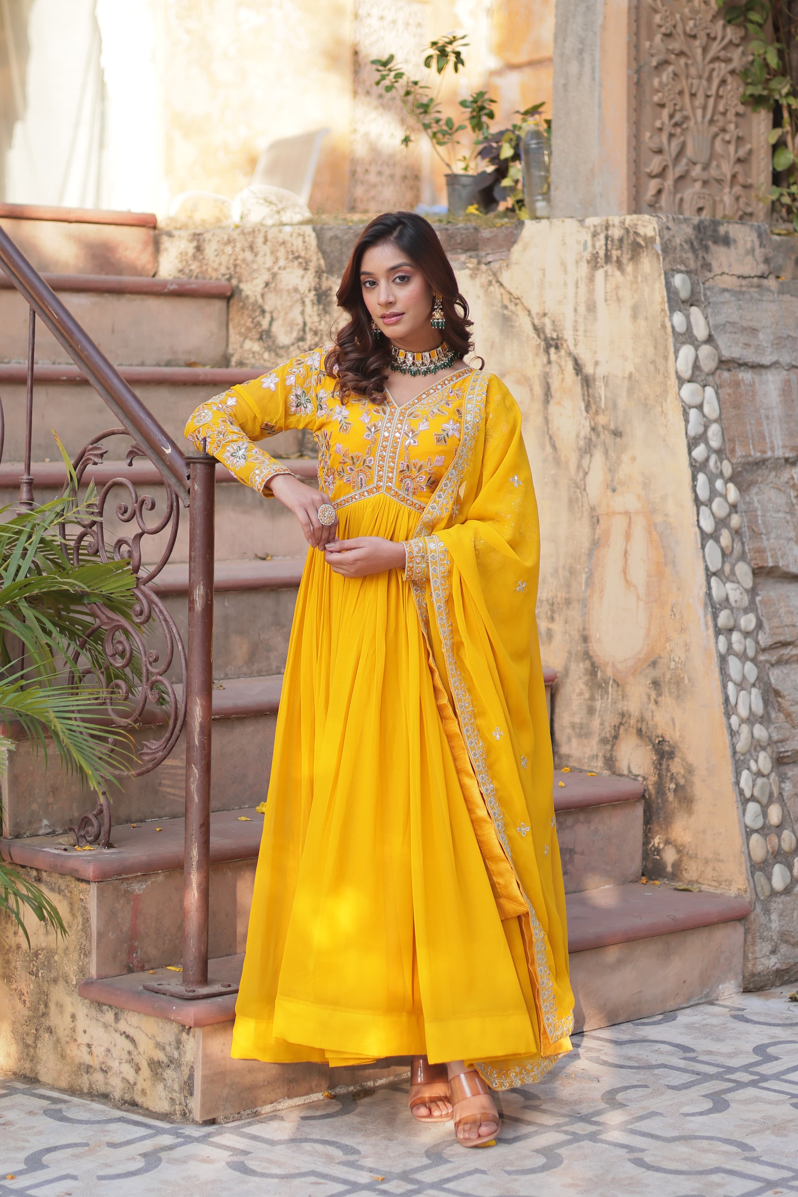 Elegant Faux Blooming Embroidered Zari Sequins Gown with Dupatta