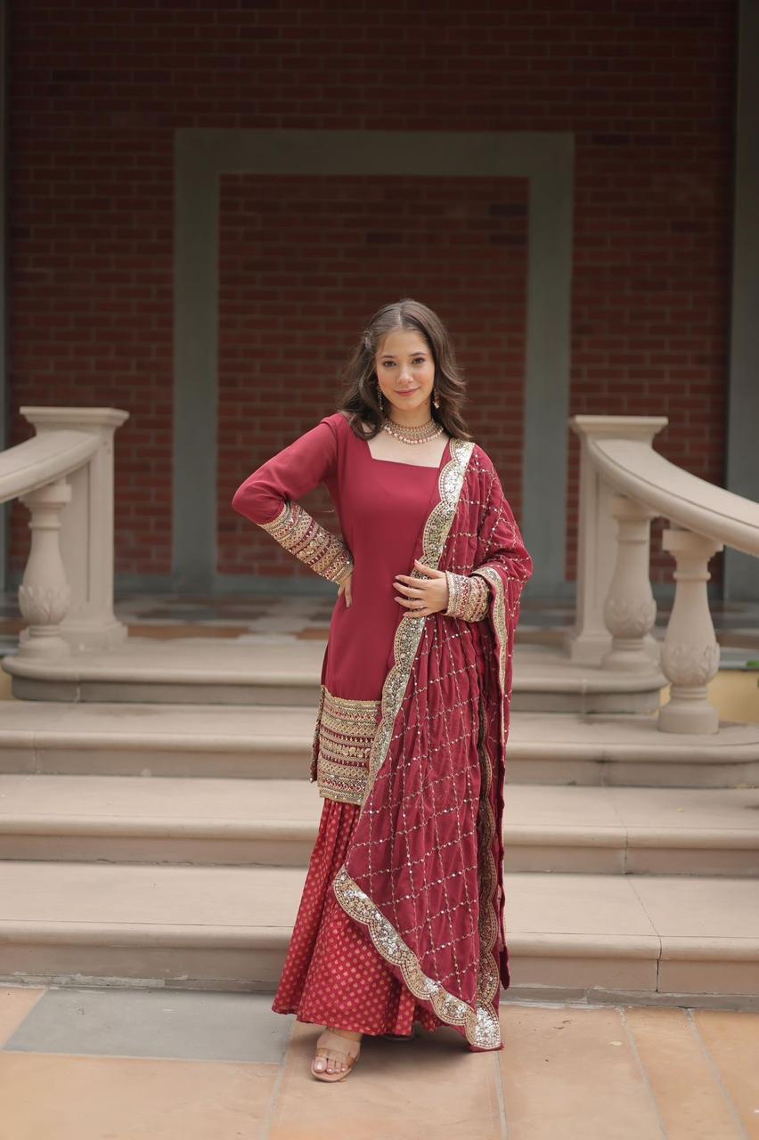 Designer Chinnon Printed With Embroidered Work Sharara Set